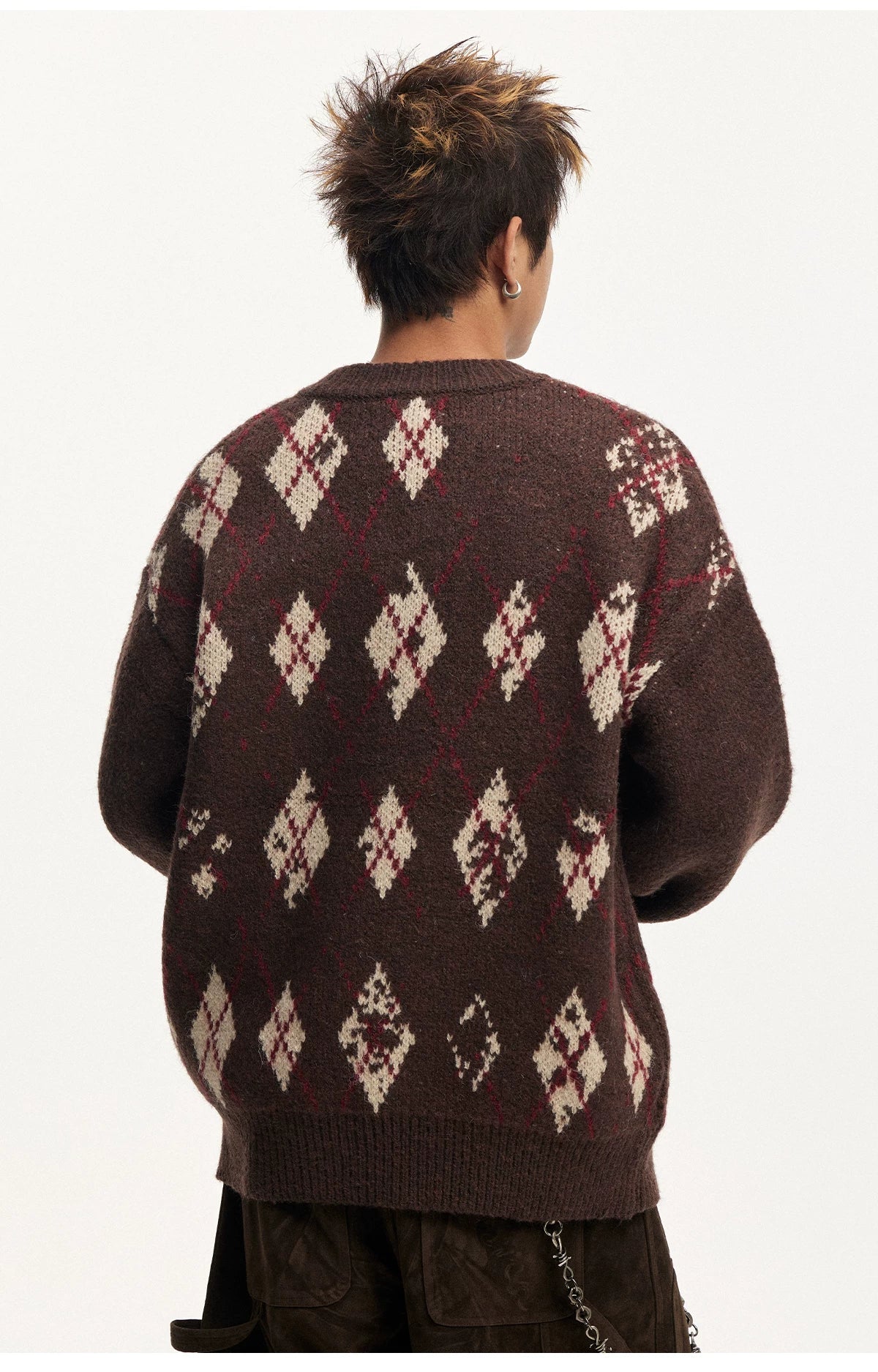 CoosRetro V-Neck Vintage Rhombus Checked Casual Knitted Sweater