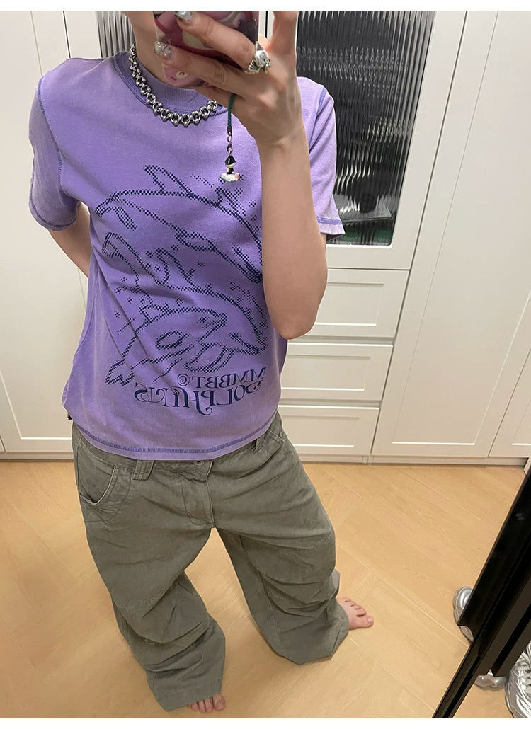 MMBBT Cartoon Dolphin Print Round Neck Tee