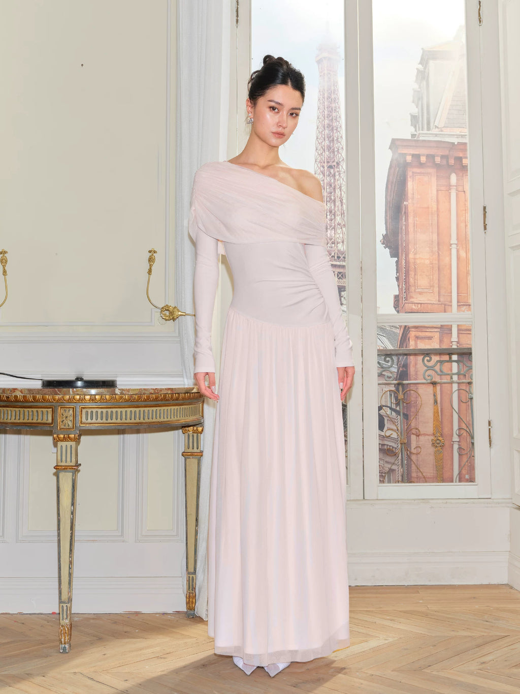J TheChosen Mesh Slash Shoulder Wrinkle Skirt Knitted Dress