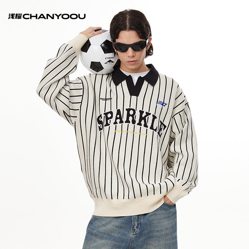 CHANYOOU Vintage Polo Neck Striped Knitted Sweater