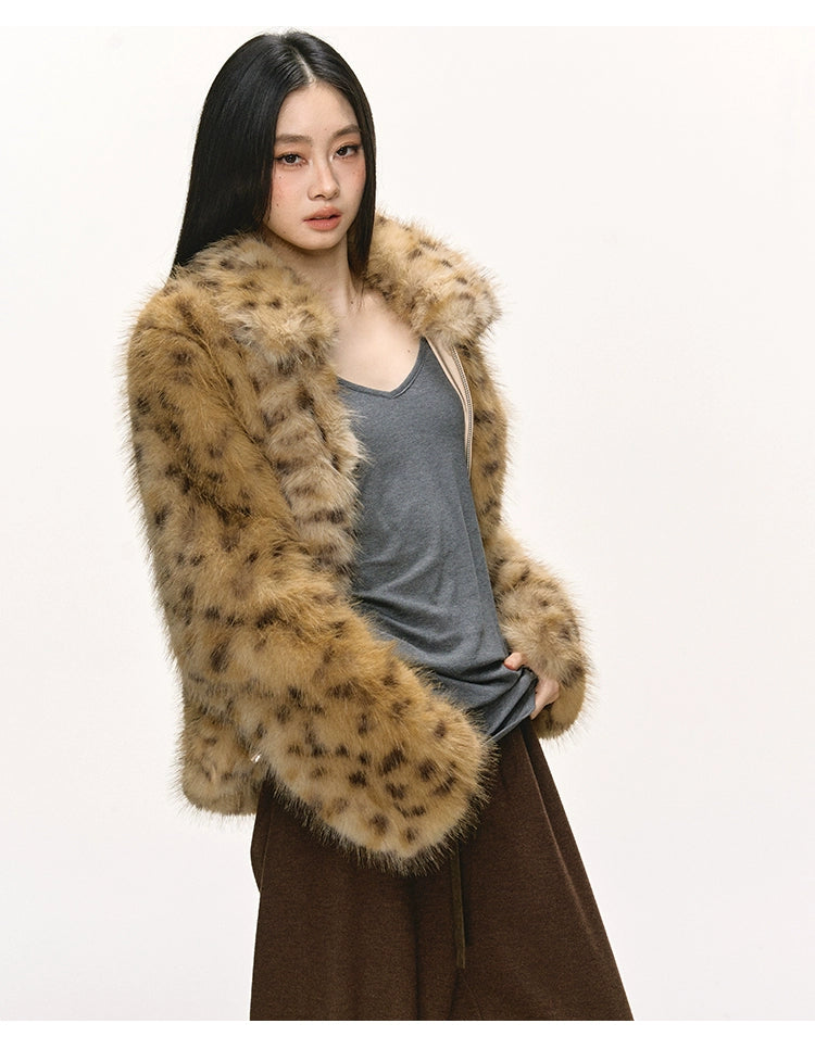 Anna Aneae Leopard Print Premium Lapel Thickened Short Fluffy Jacket