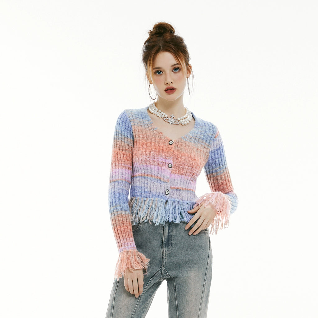 Imone Irregular Gradual Change Contrasting Tassel V-neck Knitted Sweater