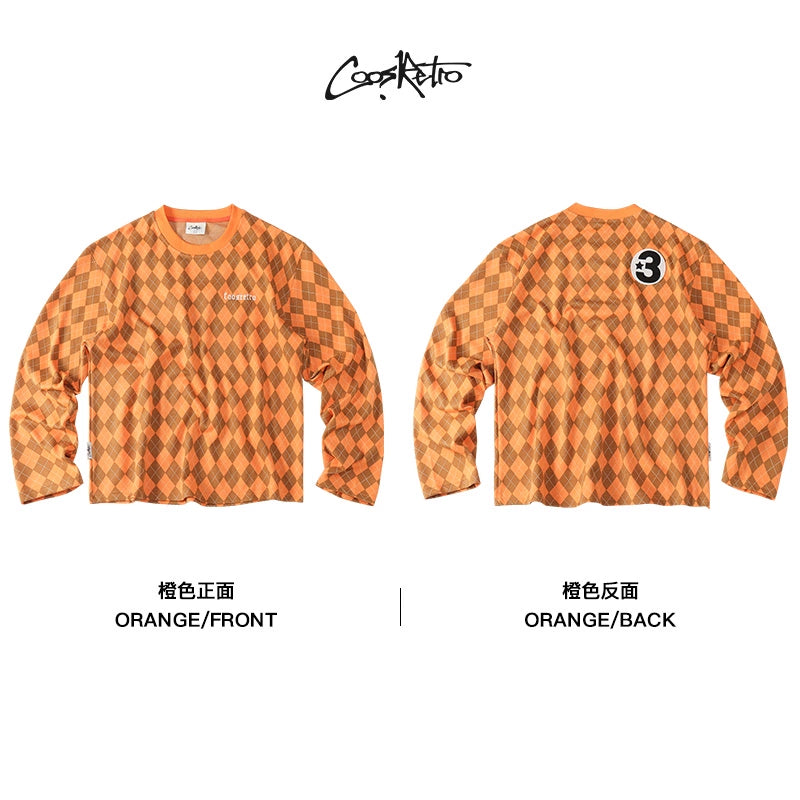 CoosRetro Vintage Rhombus Plaid Embroidery Casual Long Sleeve