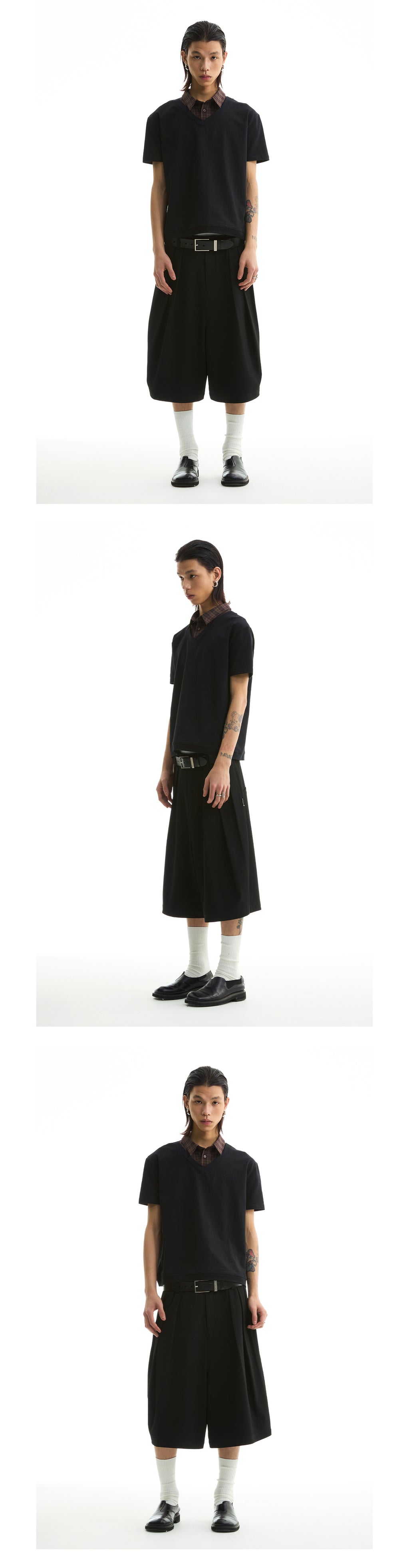 FUNKYFUN 2025SS Double-piece pleated design waistless wide five-point low-crotch trousers shorts