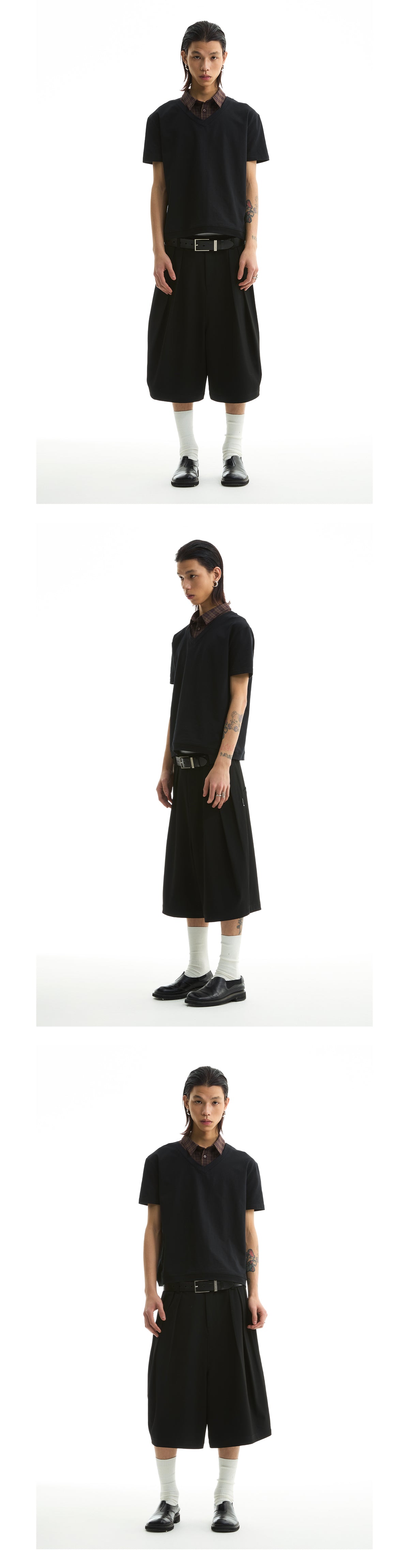 FUNKYFUN 2025SS Double-piece pleated design waistless wide five-point low-crotch trousers shorts