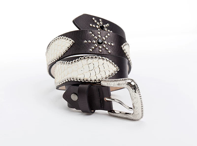 Mbbcar Retro Fish Skin Claw Beads Top Layer Leather Belt