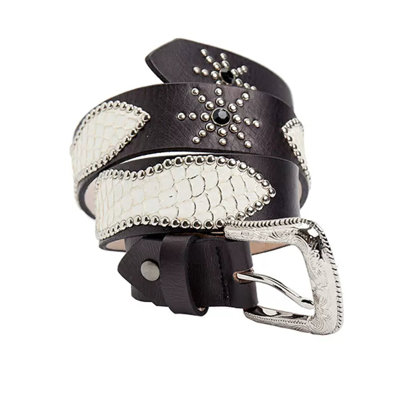 Mbbcar Retro Fish Skin Claw Beads Top Layer Leather Belt