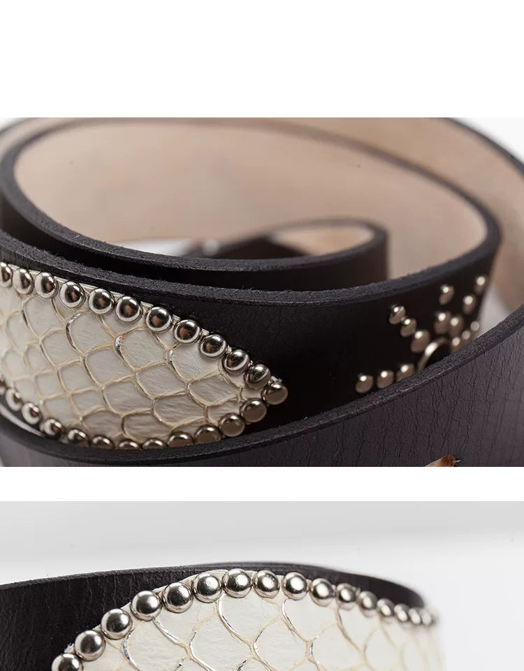 Mbbcar Retro Fish Skin Claw Beads Top Layer Leather Belt