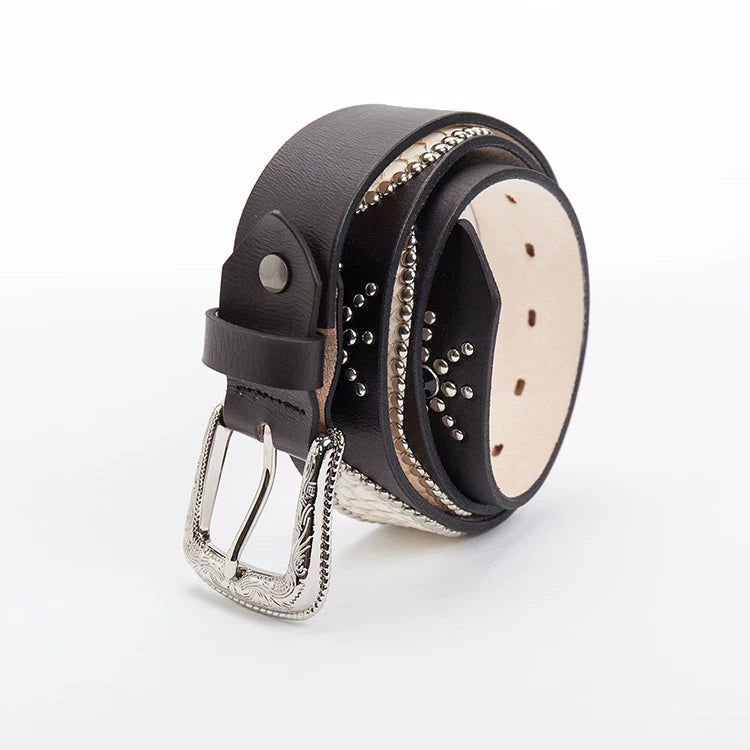 Mbbcar Retro Fish Skin Claw Beads Top Layer Leather Belt