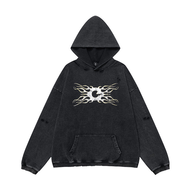 OVDY streetwear Retro Distressed Wash 430g Heavy Loose Hoodie