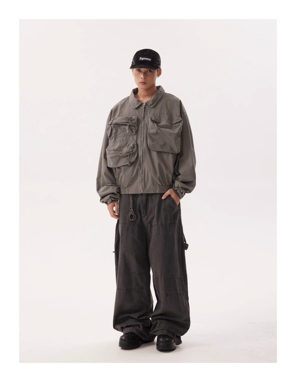 BTSG Wash Distressed Wide-Leg Lumberjack Cargo Pants