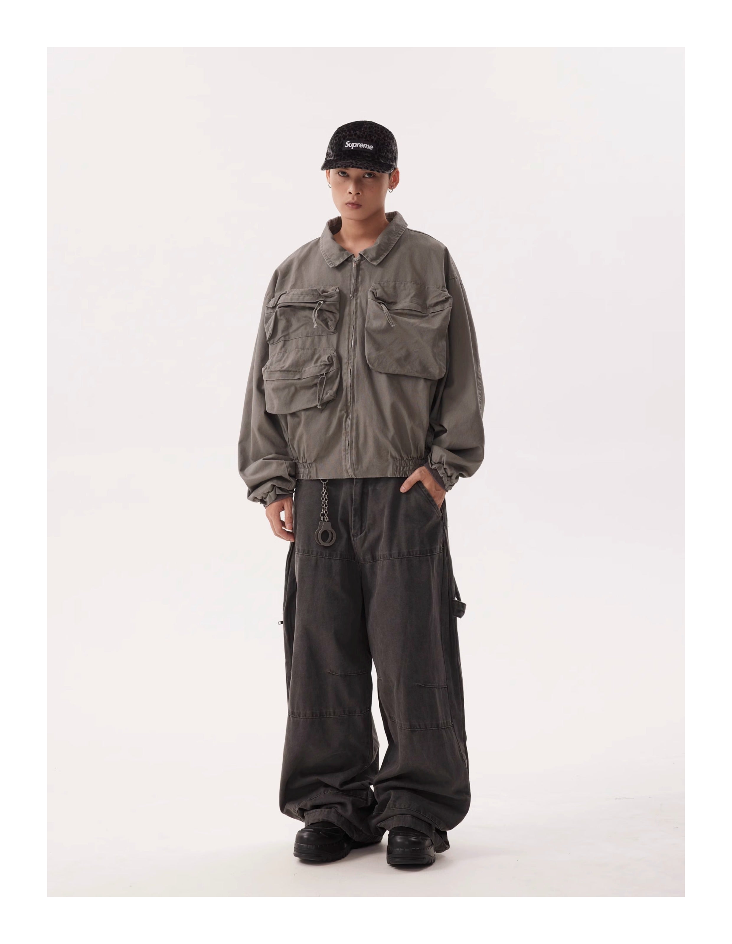 BTSG Wash Distressed Wide-Leg Lumberjack Cargo Pants