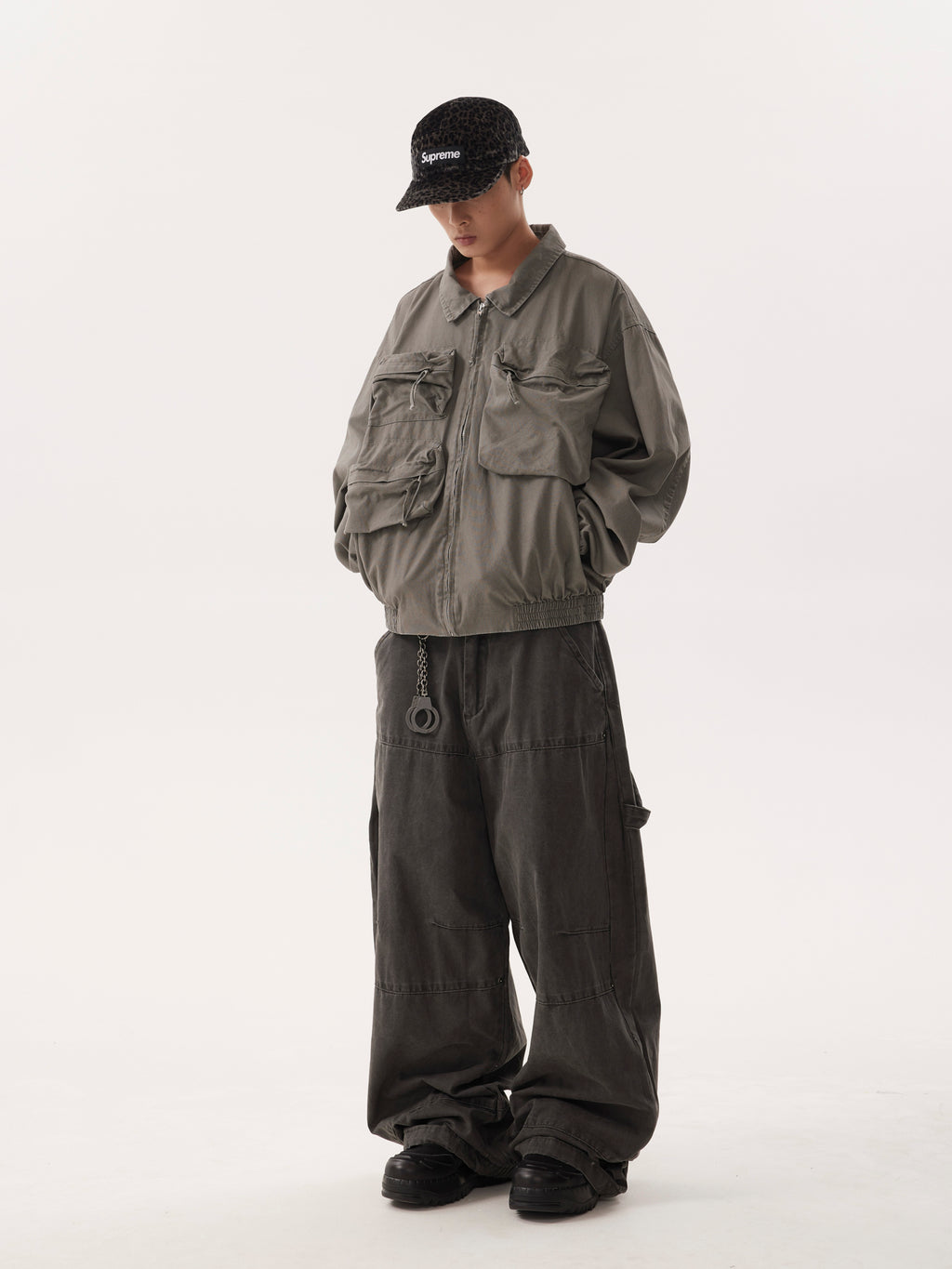 BTSG Wash Distressed Wide-Leg Lumberjack Cargo Pants