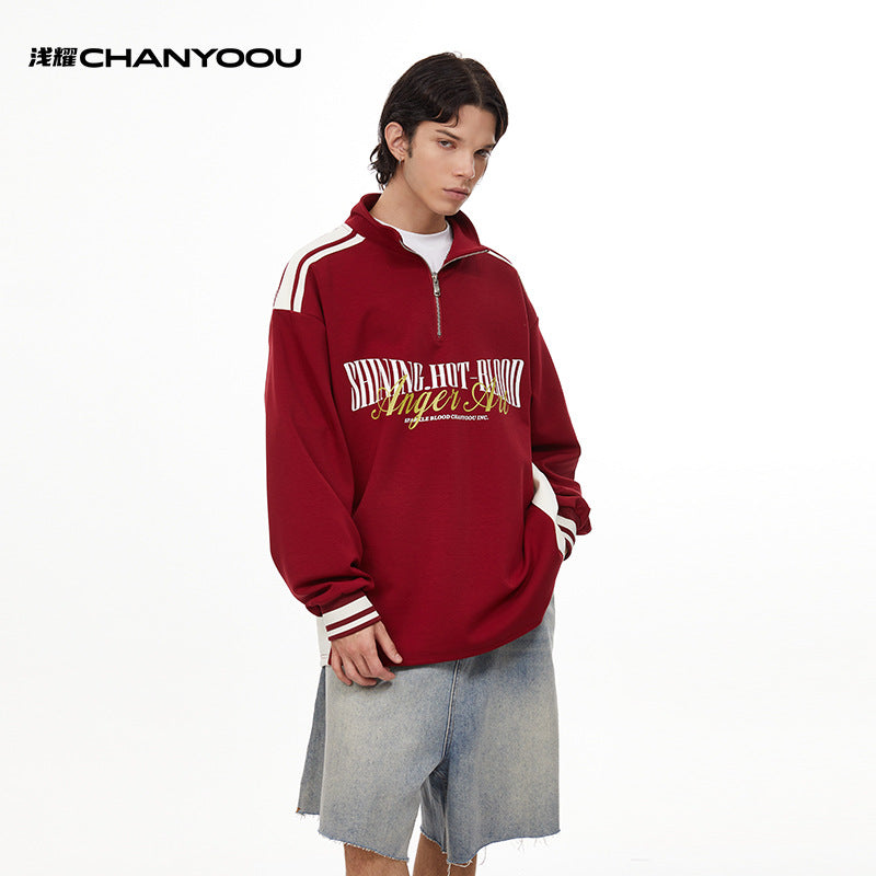 CY American retro contrasting long sleeve stand collar loose sports Sweater
