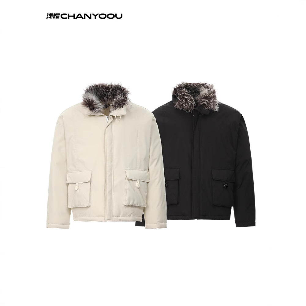 CY American retro fur collar thickened cleanfit cotton Jacket