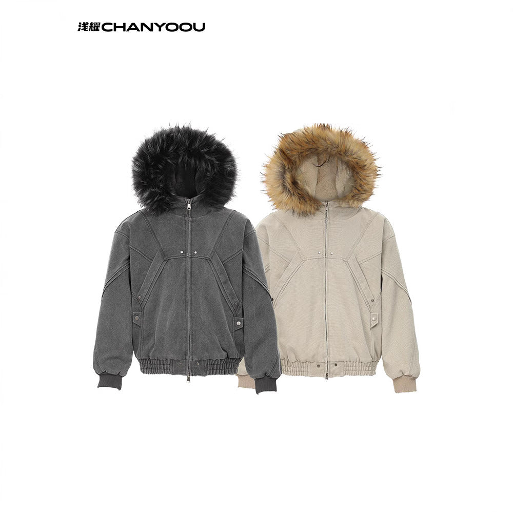 CY American retro fur collar cotton jacket heavy Work wear canvas Fleece warm cotton jacket