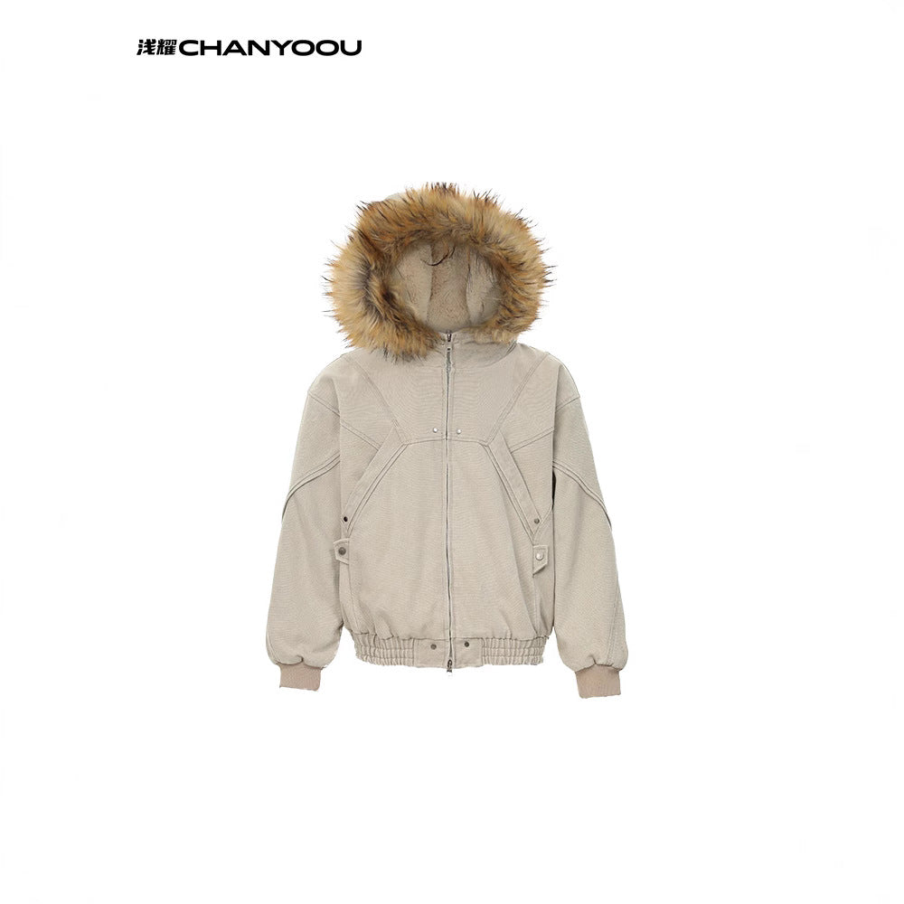 CY American retro fur collar cotton jacket heavy Work wear canvas Fleece warm cotton jacket