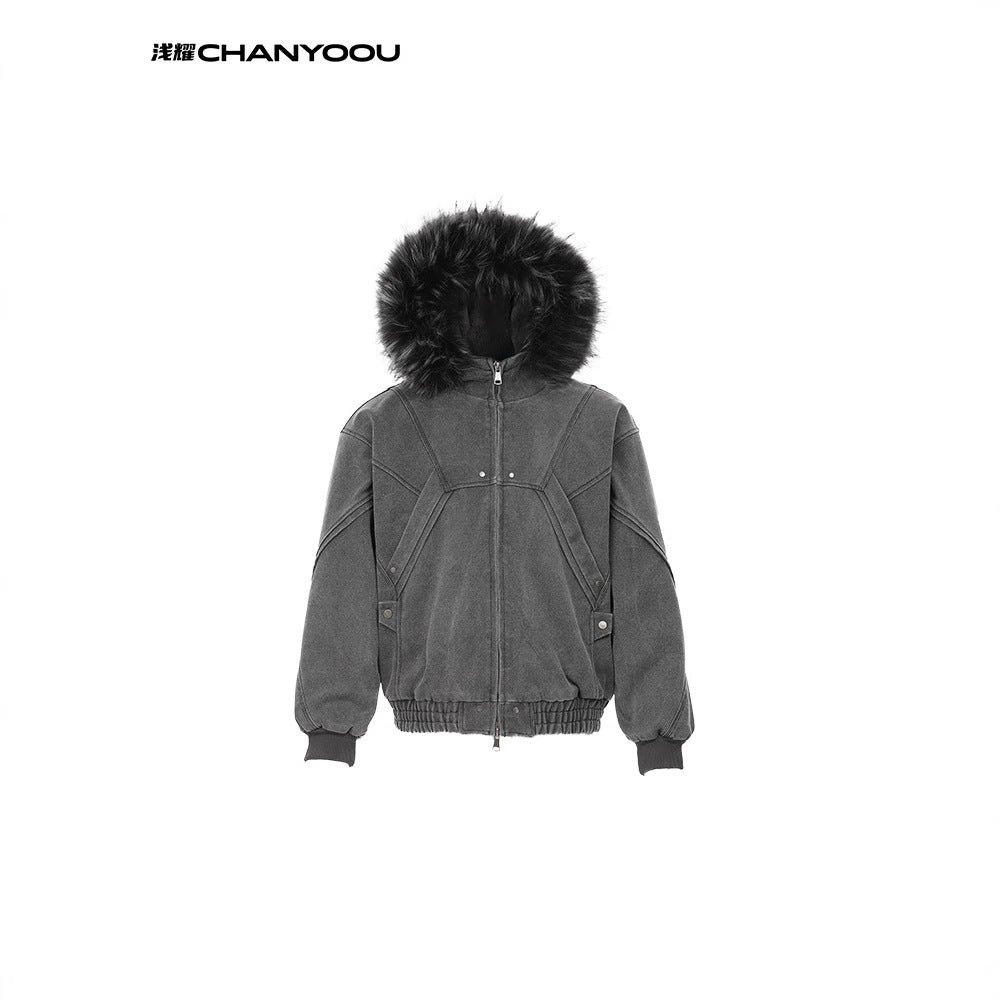 CY American retro fur collar cotton jacket heavy Work wear canvas Fleece warm cotton jacket