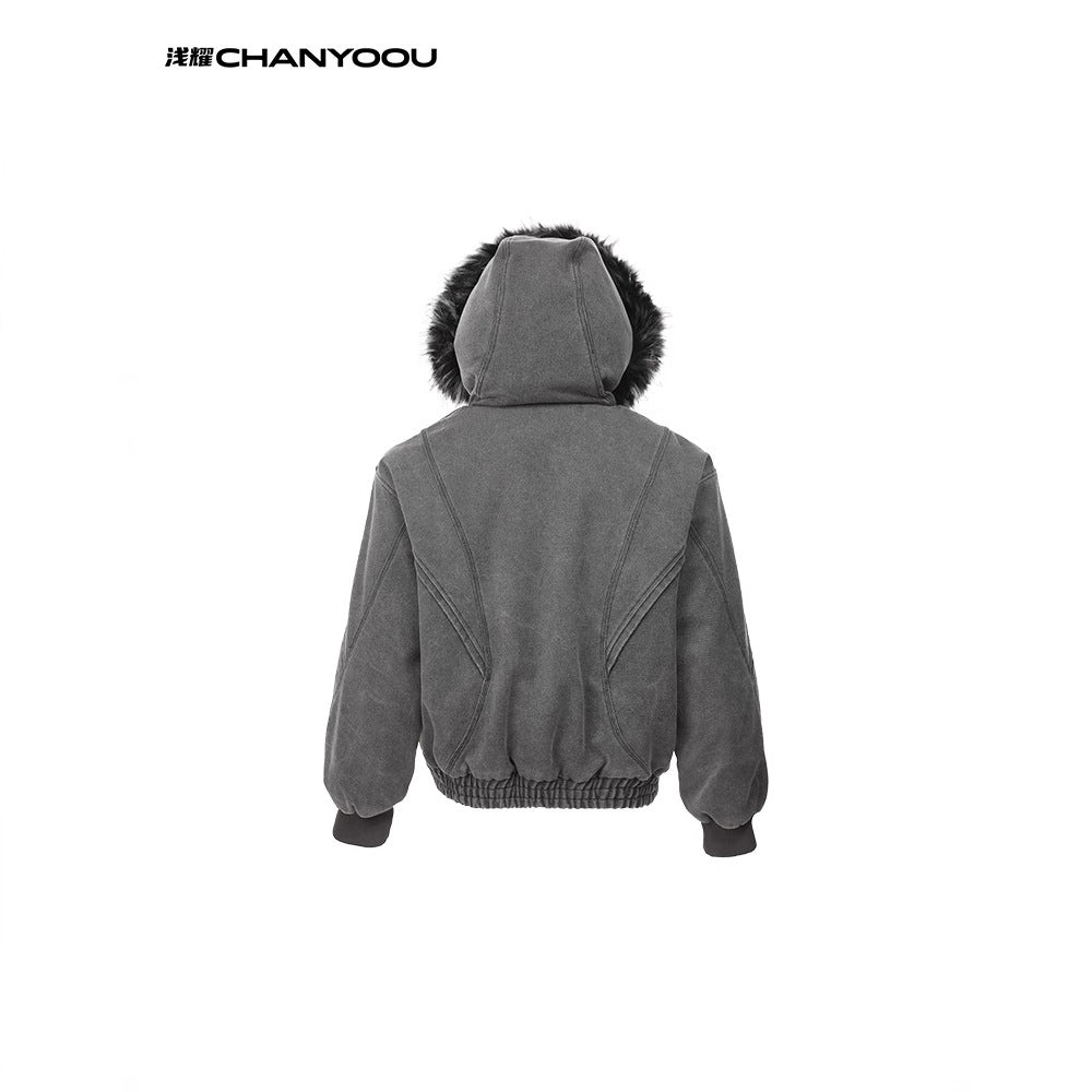 CY American retro fur collar cotton jacket heavy Work wear canvas Fleece warm cotton jacket