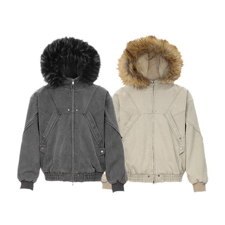 CY American retro fur collar cotton jacket heavy Work wear canvas Fleece warm cotton jacket