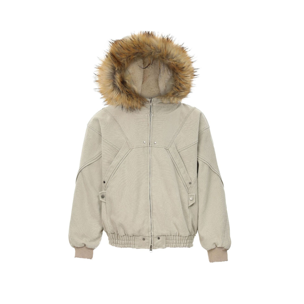 CY American retro fur collar cotton jacket heavy Work wear canvas Fleece warm cotton jacket