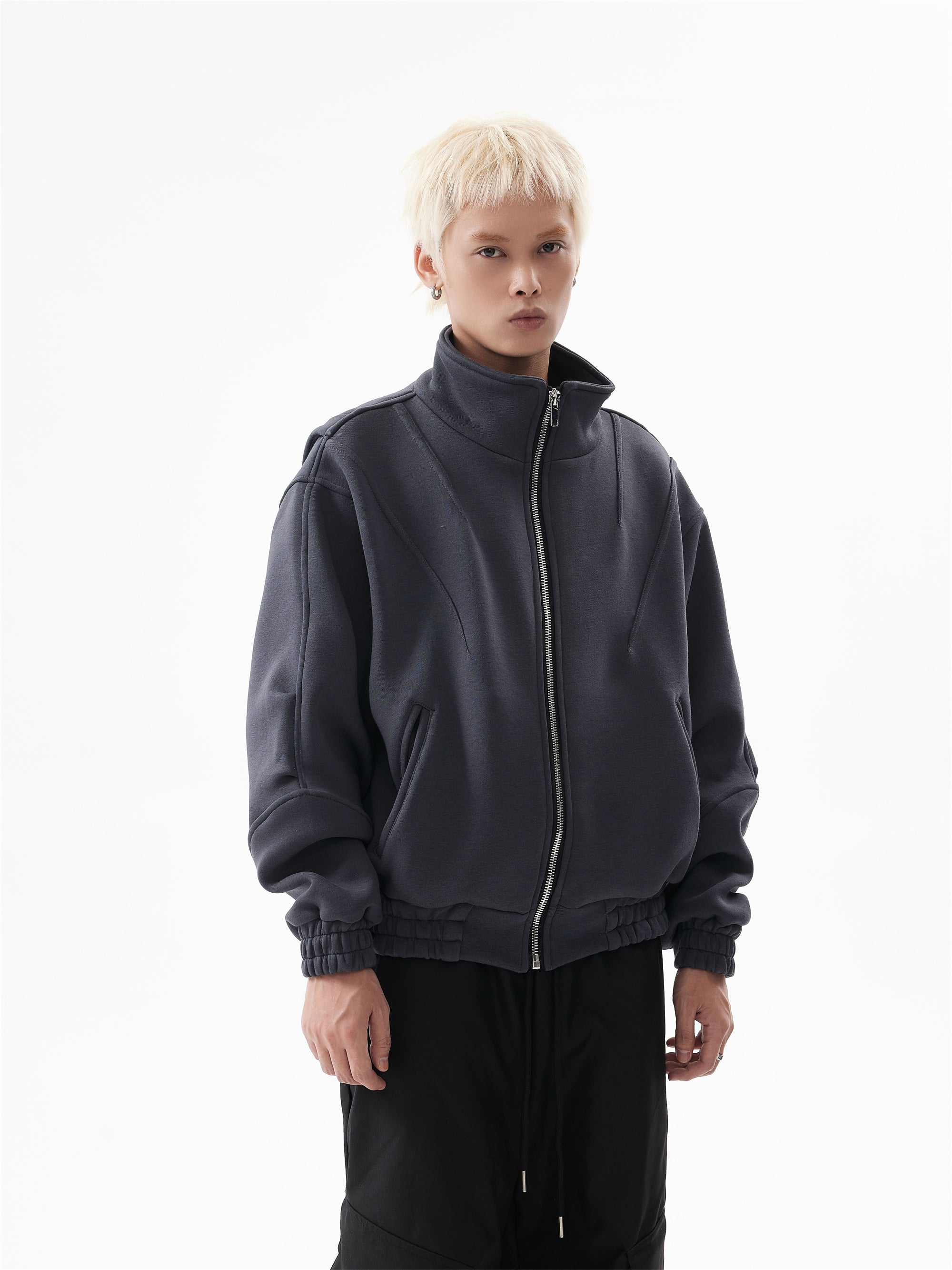 BTSG Deconstructed boxy cropped silhouette double zip jacket