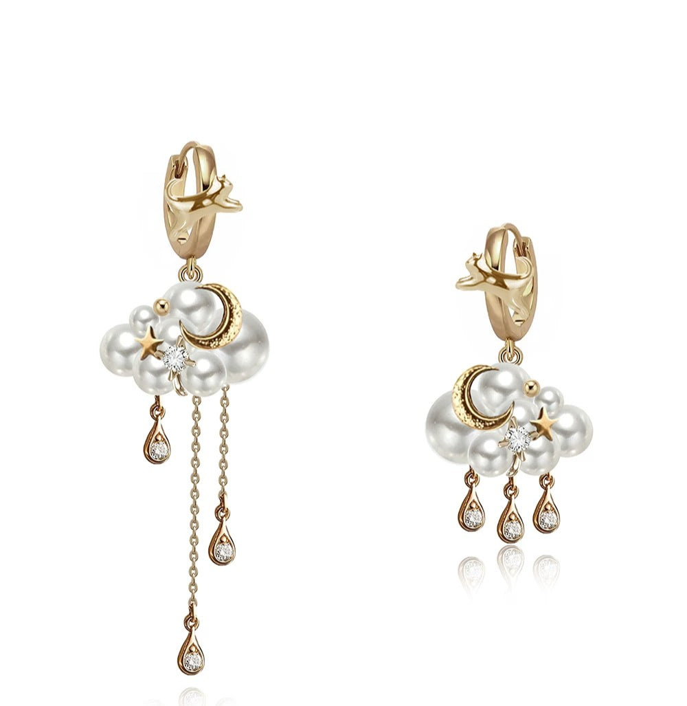 MASW Pearl Tassel Exquisite Star and Moon Cat Earrings