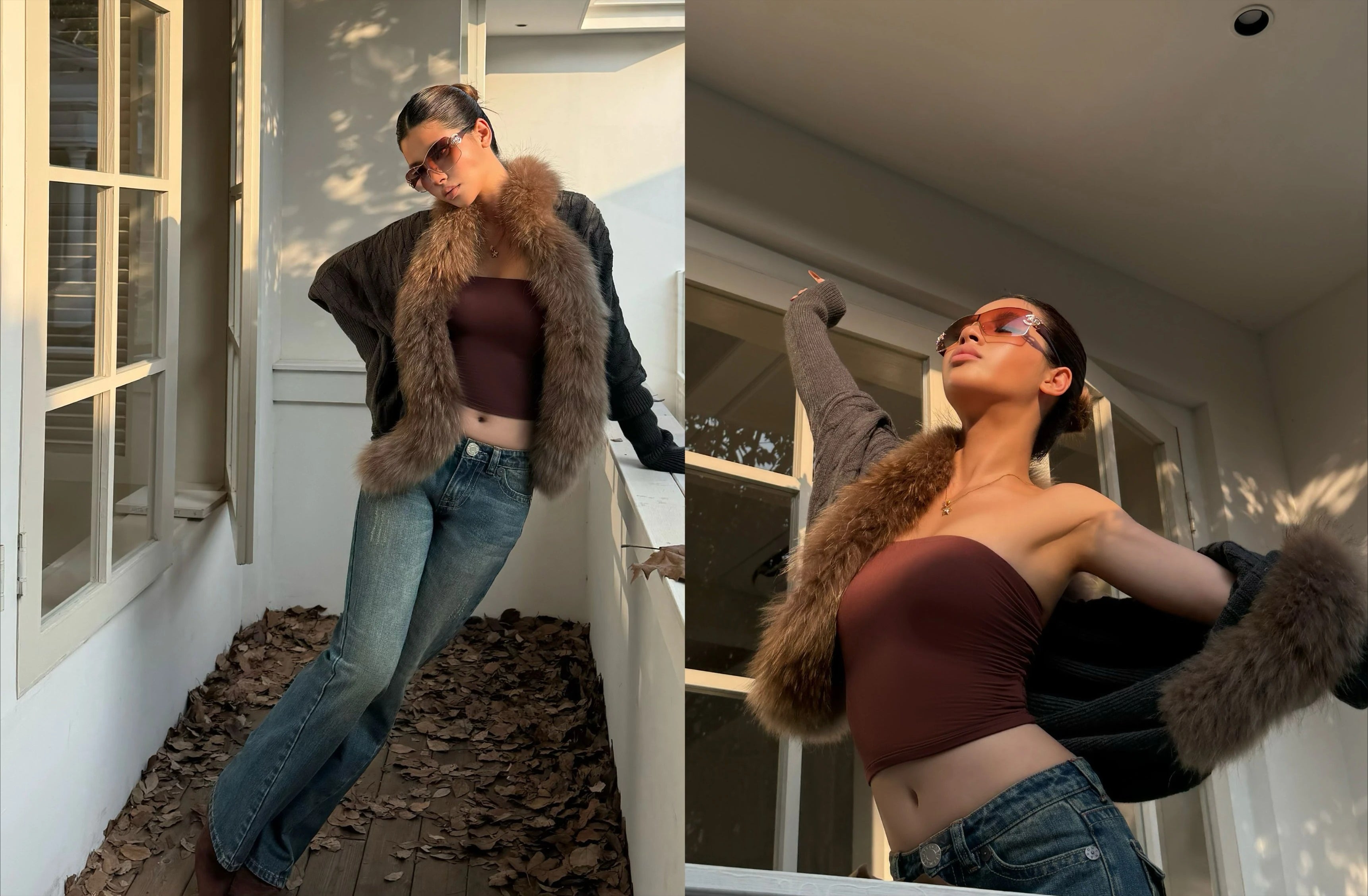 Audwyn Raccoon Fur Knitted Sweater Bat Sleeve Lazy Jacket