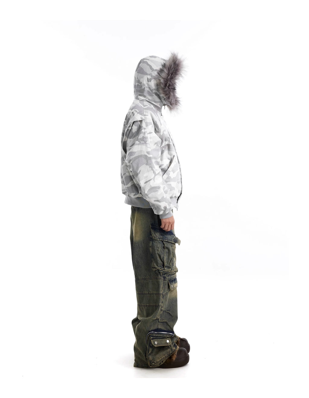 BTSG Fur Collar Camouflage Seat Mountain Carved Cotton Jacket