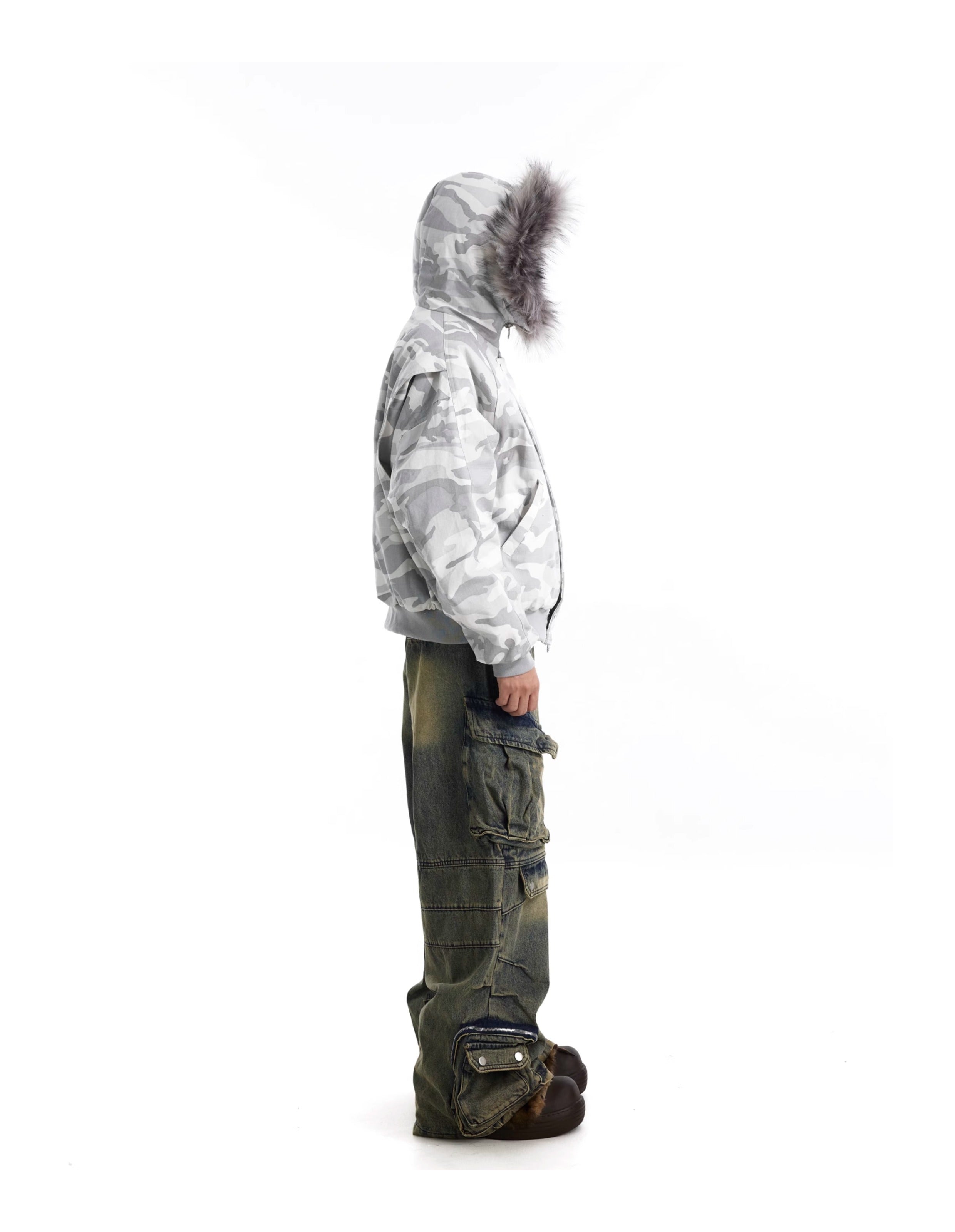 BTSG Fur Collar Camouflage Seat Mountain Carved Cotton Jacket