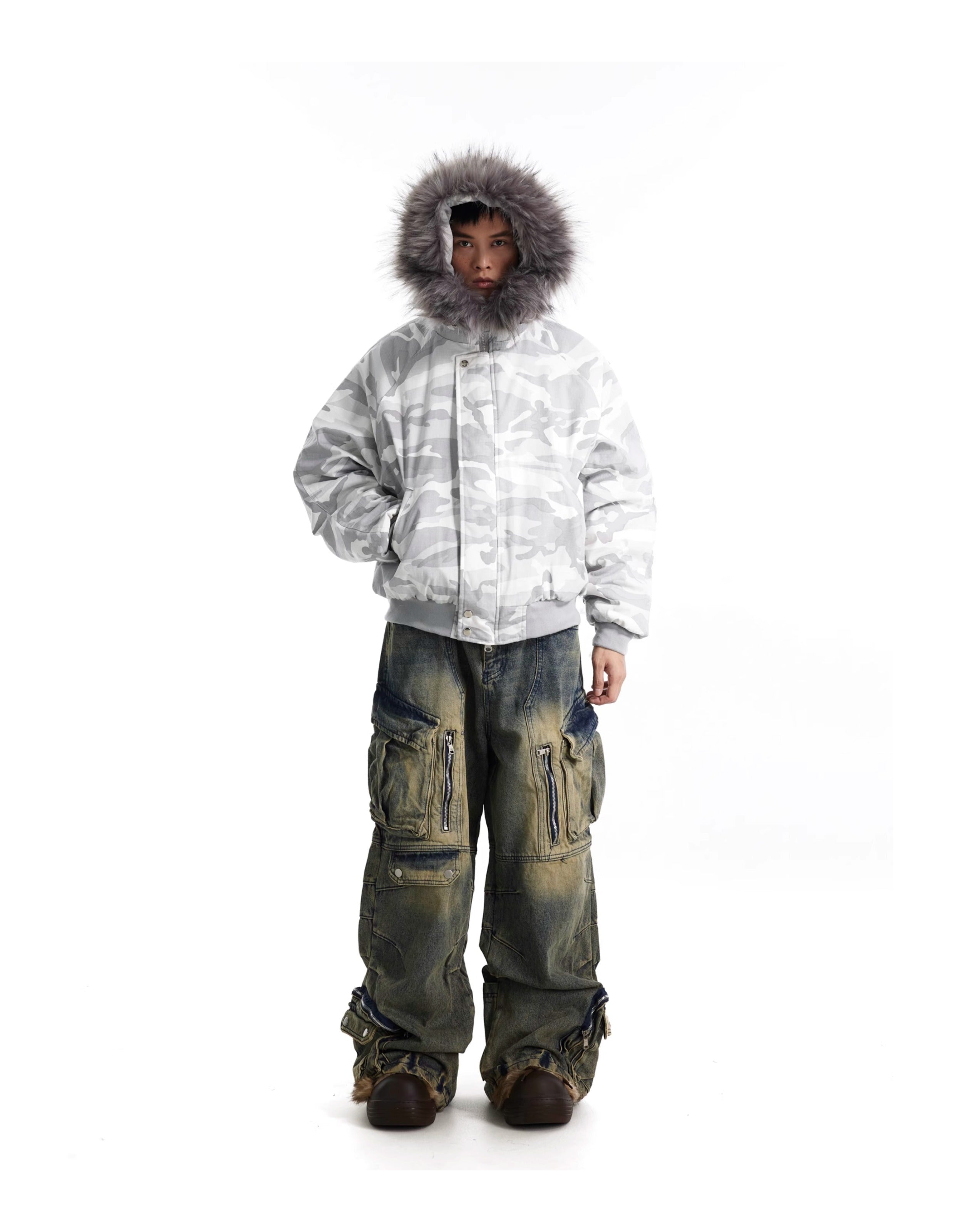 BTSG Fur Collar Camouflage Seat Mountain Carved Cotton Jacket