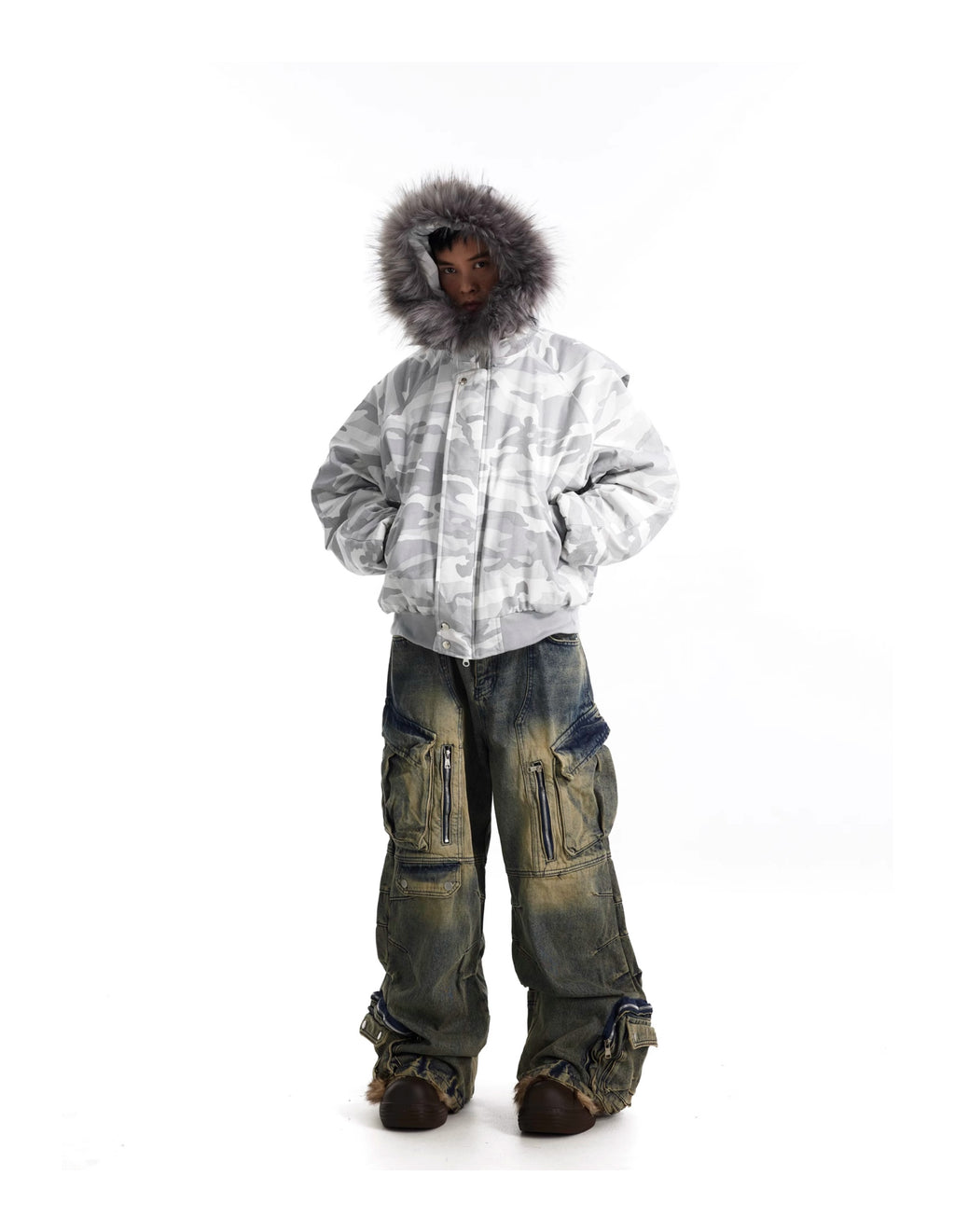 BTSG Fur Collar Camouflage Seat Mountain Carved Cotton Jacket