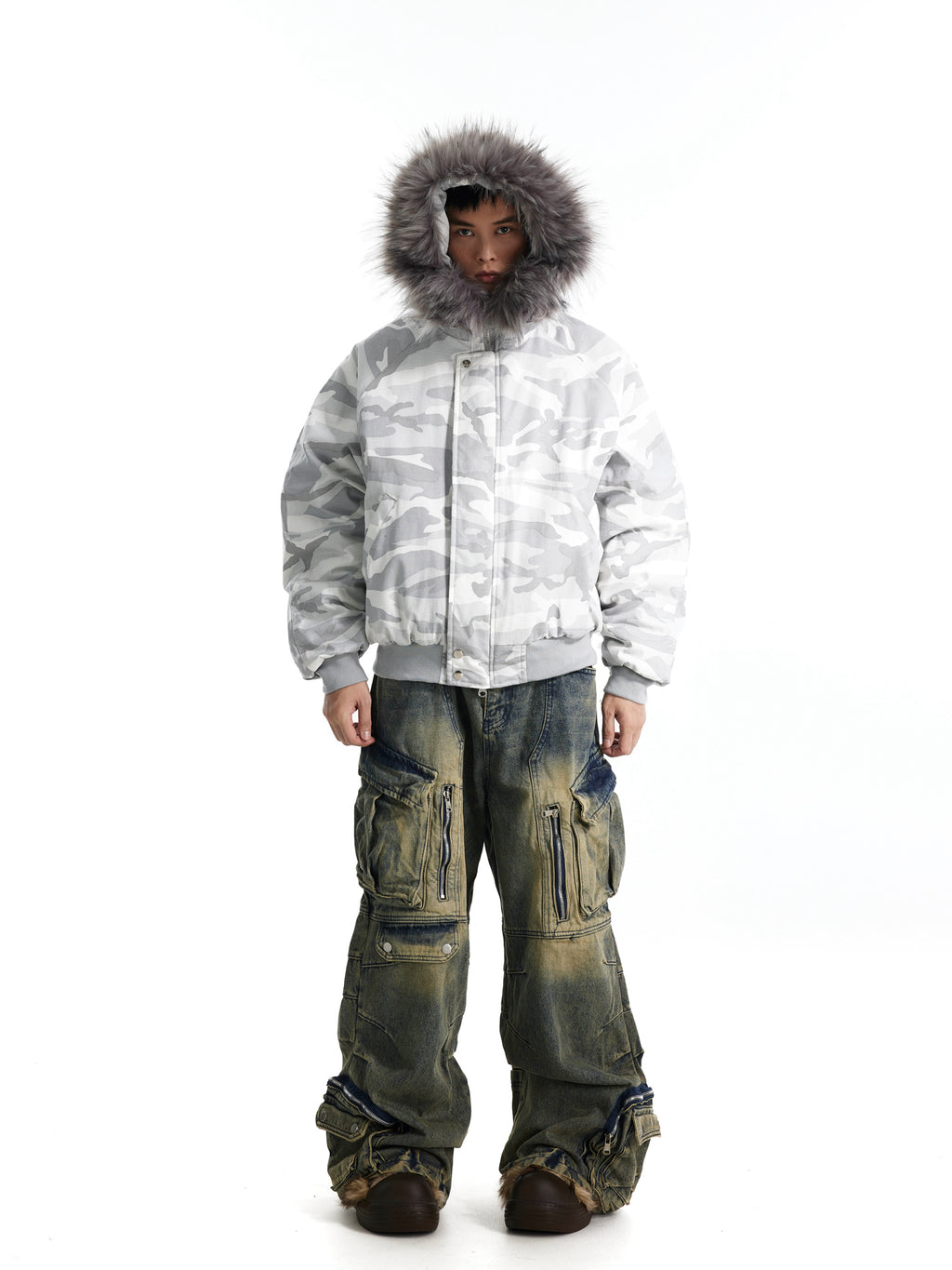BTSG Fur Collar Camouflage Seat Mountain Carved Cotton Jacket