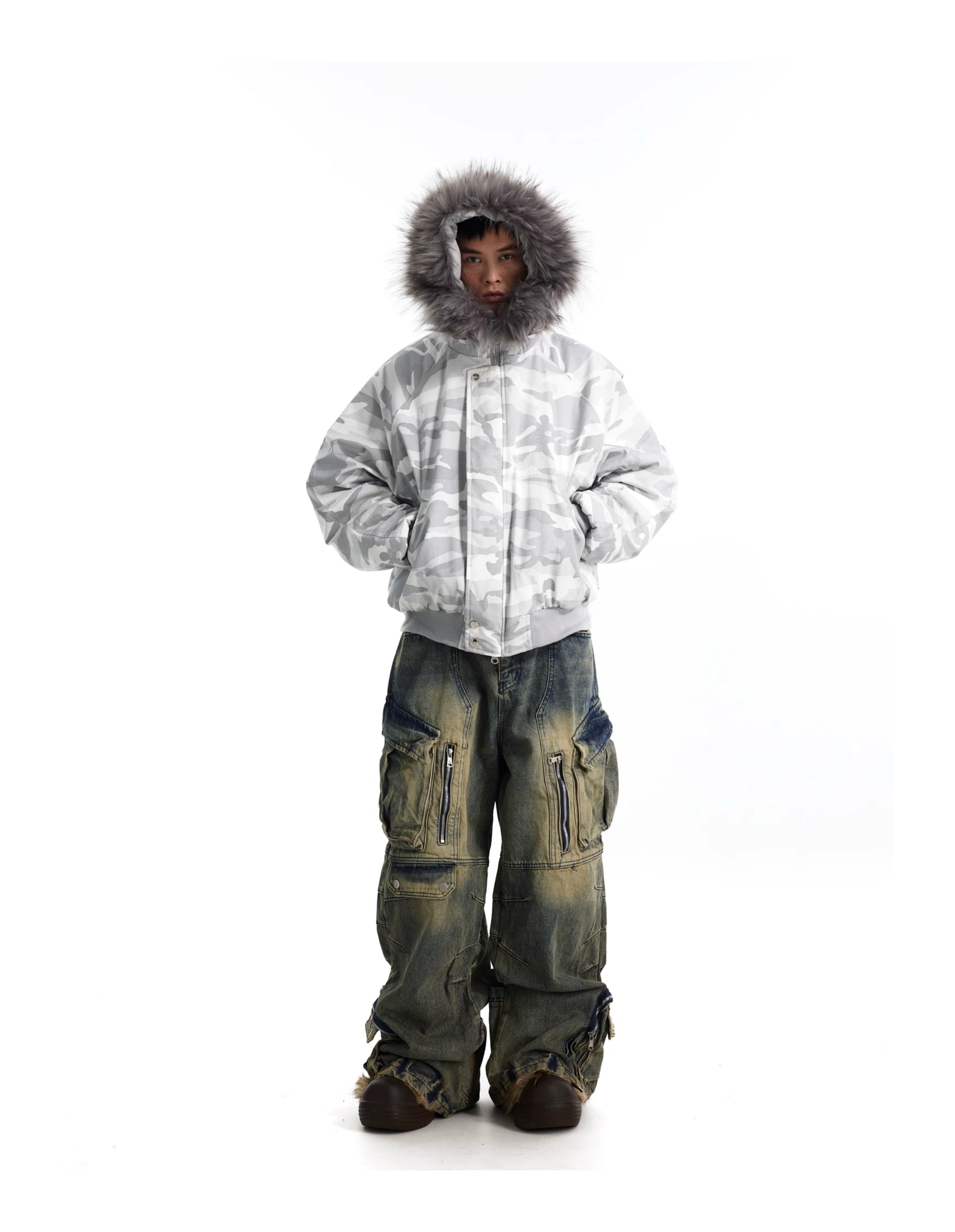 BTSG Fur Collar Camouflage Seat Mountain Carved Cotton Jacket