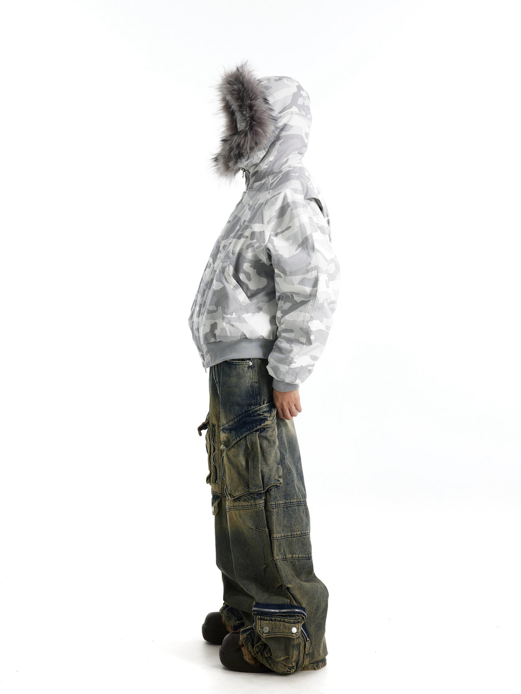 BTSG Fur Collar Camouflage Seat Mountain Carved Cotton Jacket