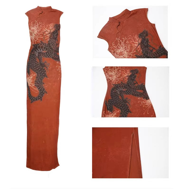 YEDM Dragon Print Cheongsam Stand-up Collar Sleeveless Dress