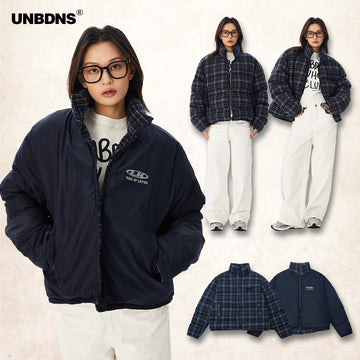 UNBDNS American retro navy blue plaid reversible cotton jacket