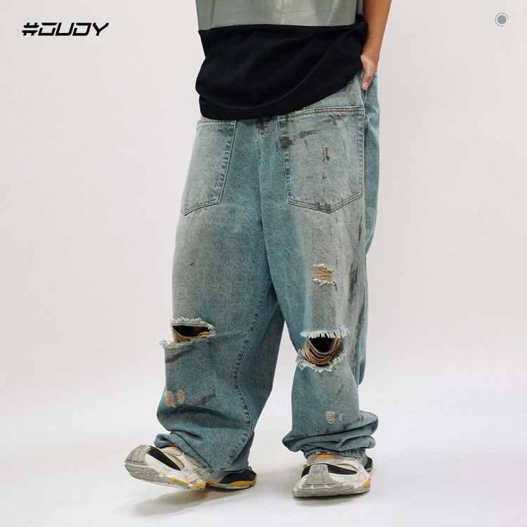 #OVDY Retro washed ripped jeans reverse design dirty paint jeans