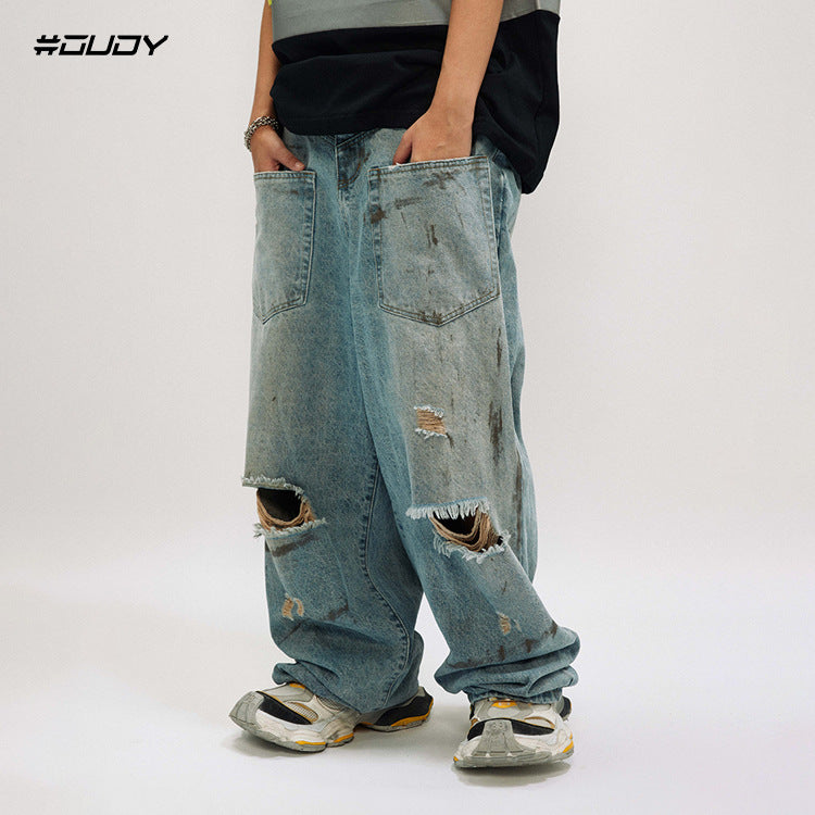 #OVDY Retro washed ripped jeans reverse design dirty paint jeans