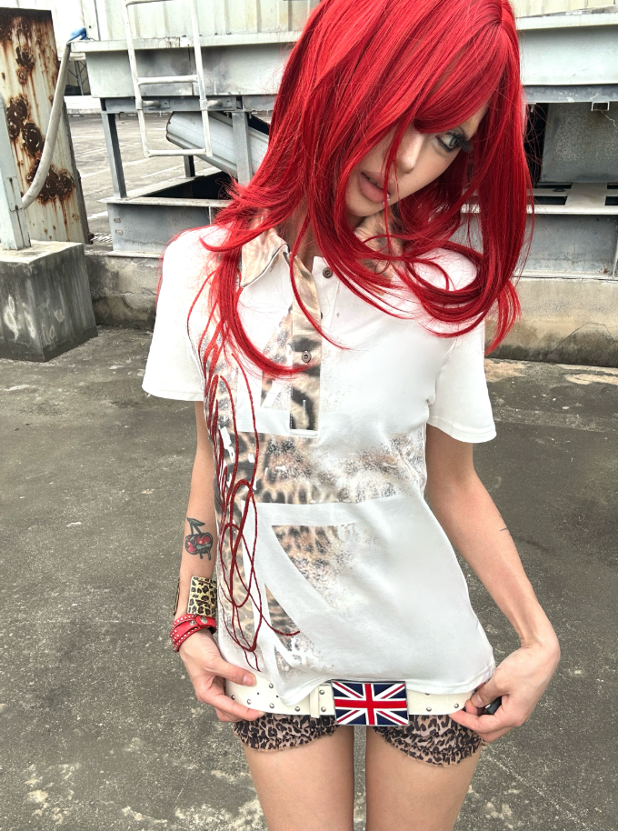 No E Mosen Flag Leopard Print Front Shoulder Tee