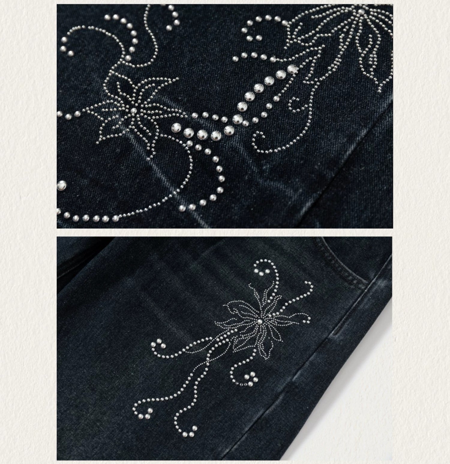 LOUMUTAKU Handmade Hot Diamond Floral Wide Leg Jeans