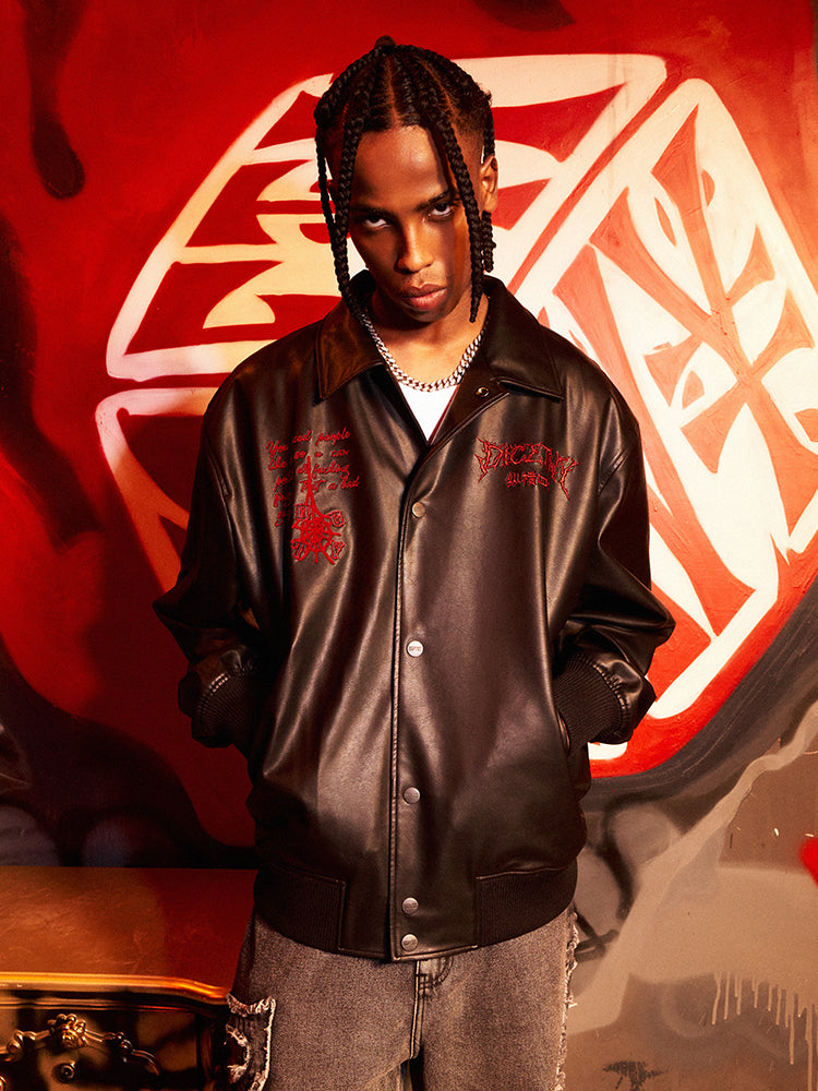 DICETINY Thorn Logo Embroidered Leather Jacket