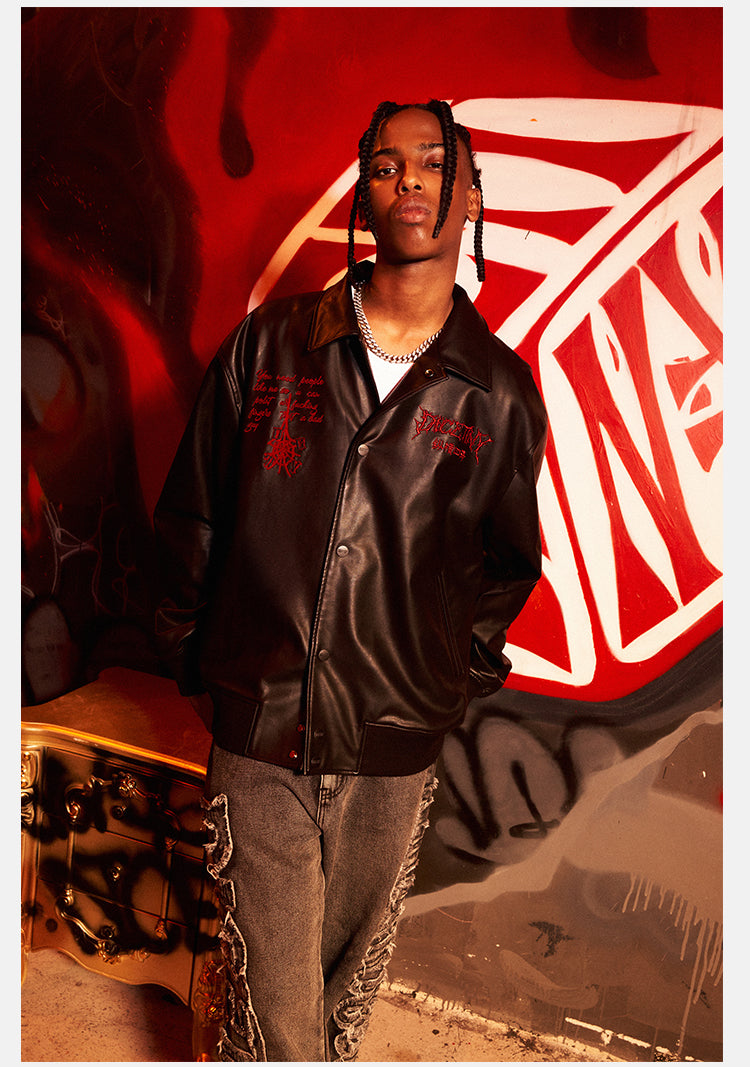DICETINY Thorn Logo Embroidered Leather Jacket