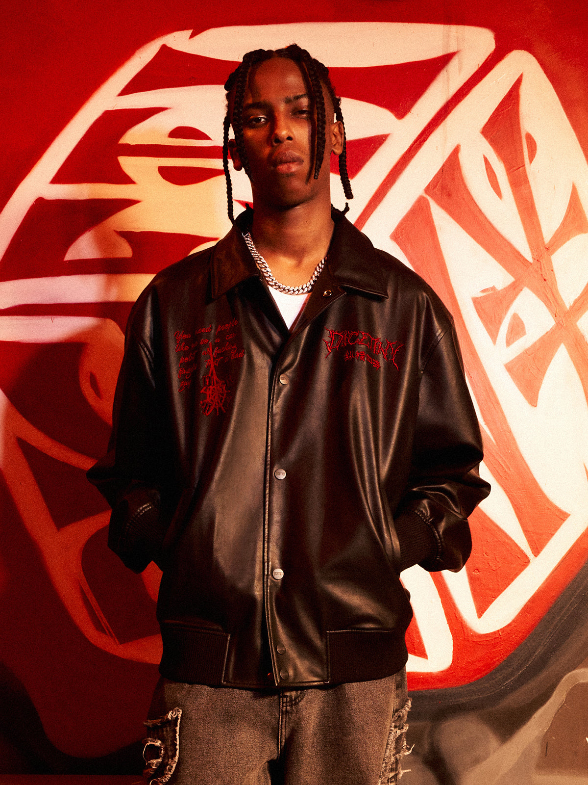 DICETINY Thorn Logo Embroidered Leather Jacket