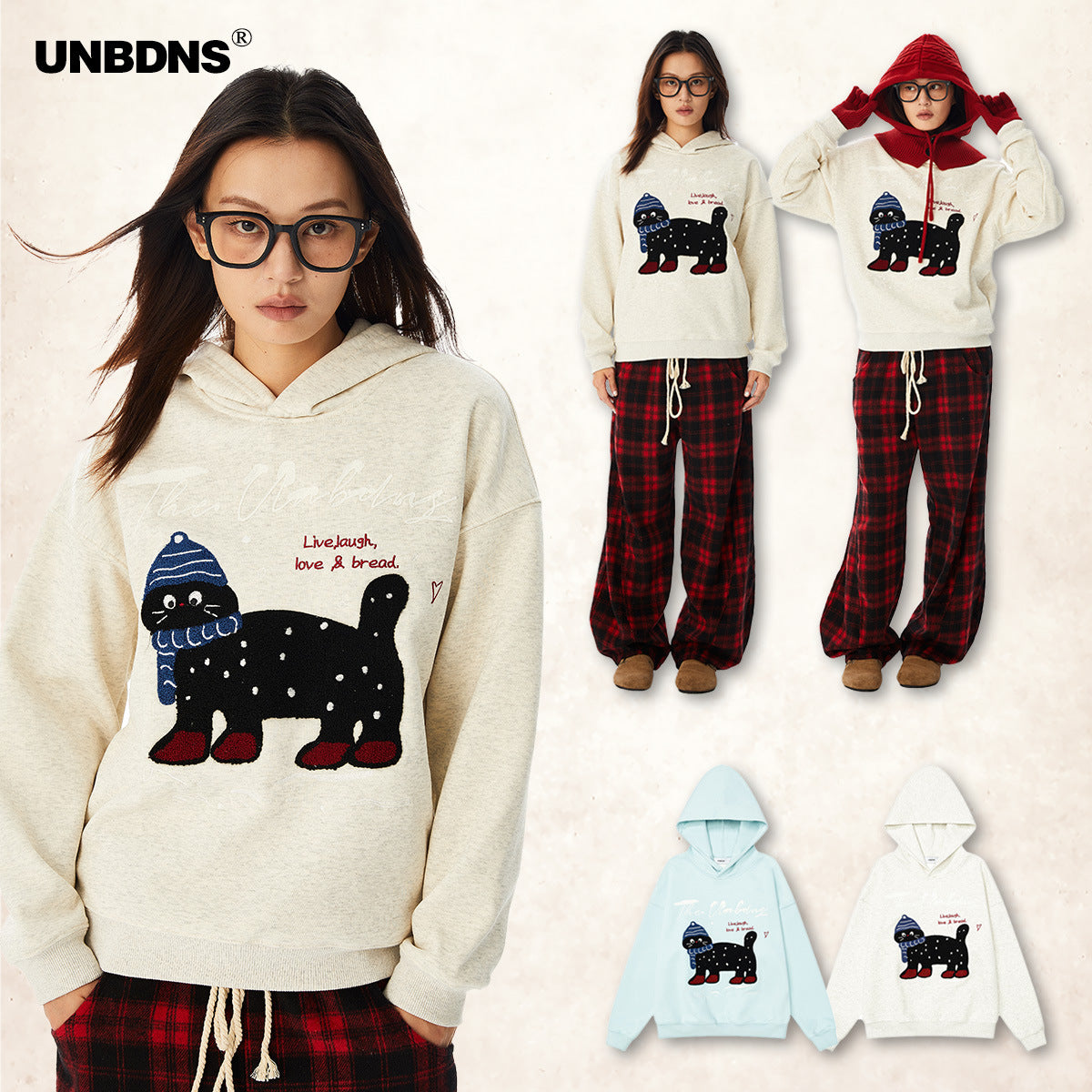 UNBDNS College Style Cartoon Fleece Cat Towel Embroidery Hoodie