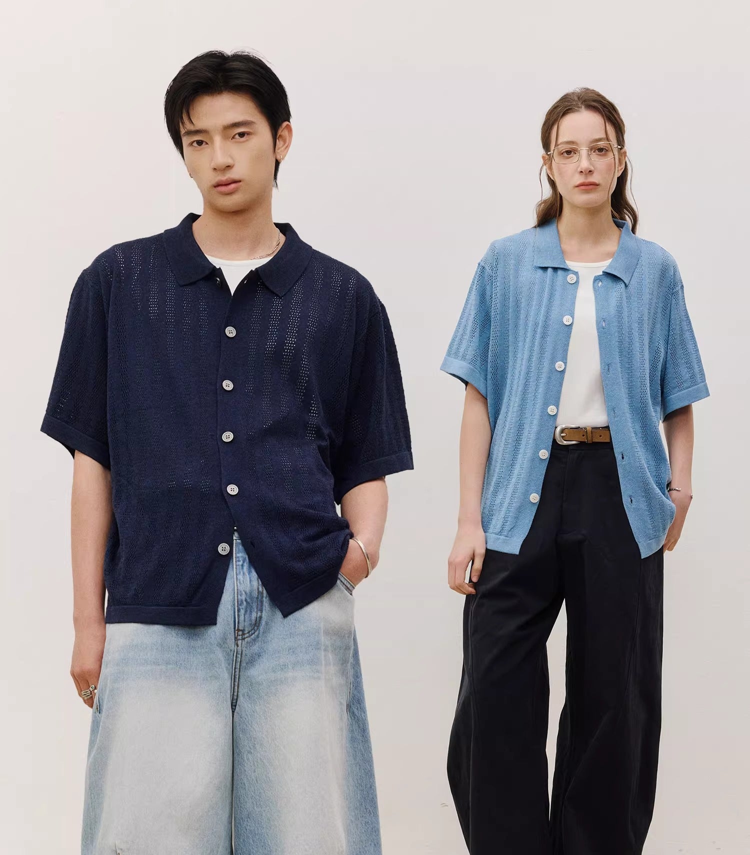 LR MADE Hollow Breathable Short-sleeved Knitted Shirt