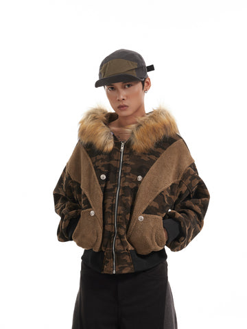 BTSG Stitching Camouflage Brushed fleece collar mountain carved padded jacket