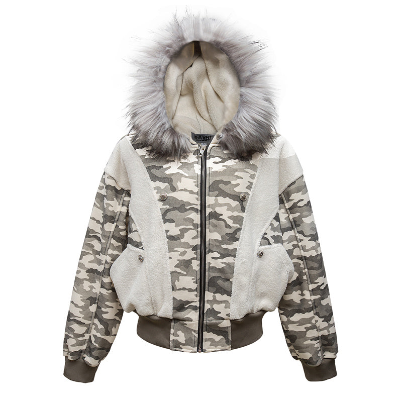 BTSG Stitching Camouflage Brushed fleece collar mountain carved padded jacket