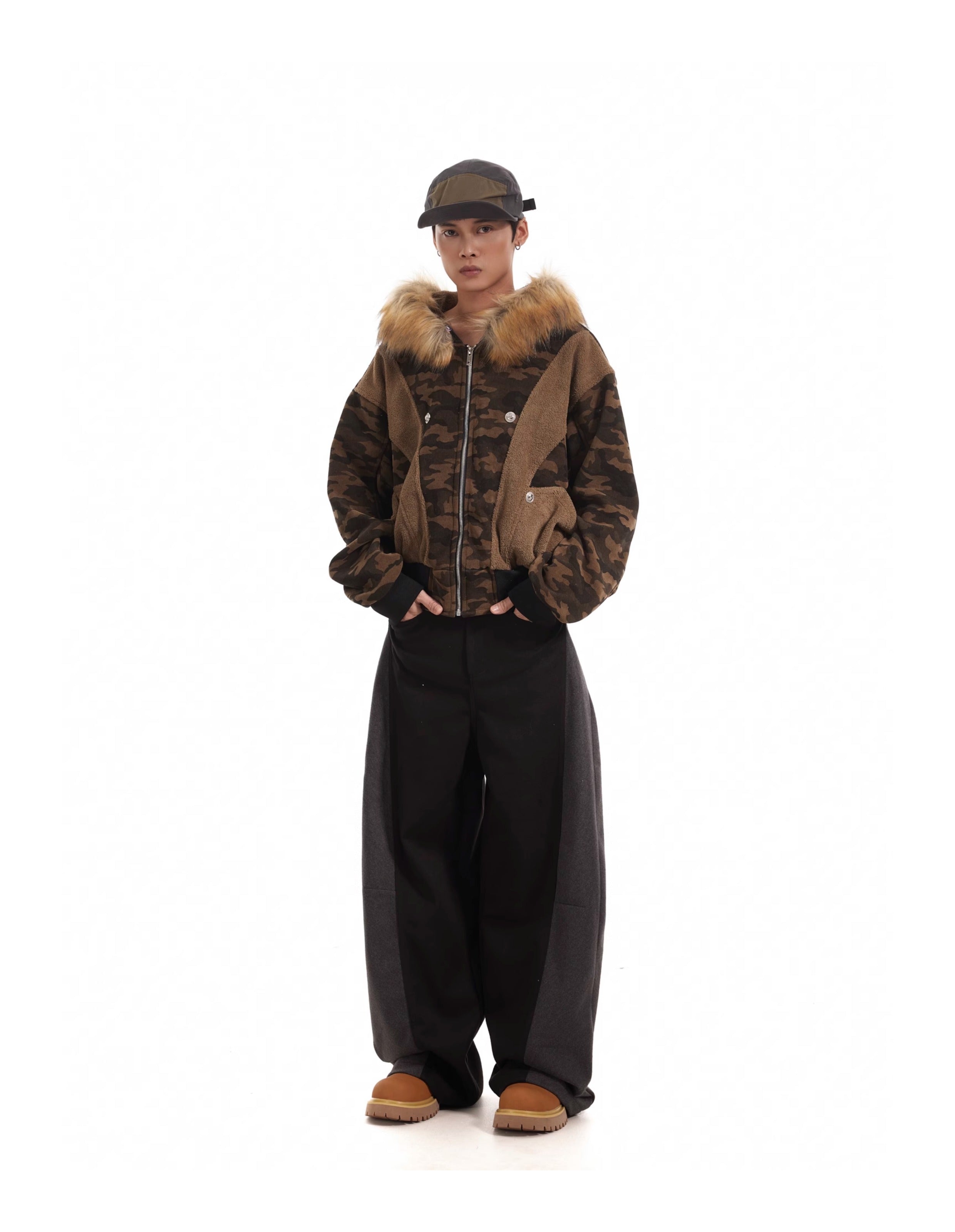 BTSG Stitching Camouflage Brushed fleece collar mountain carved padded jacket