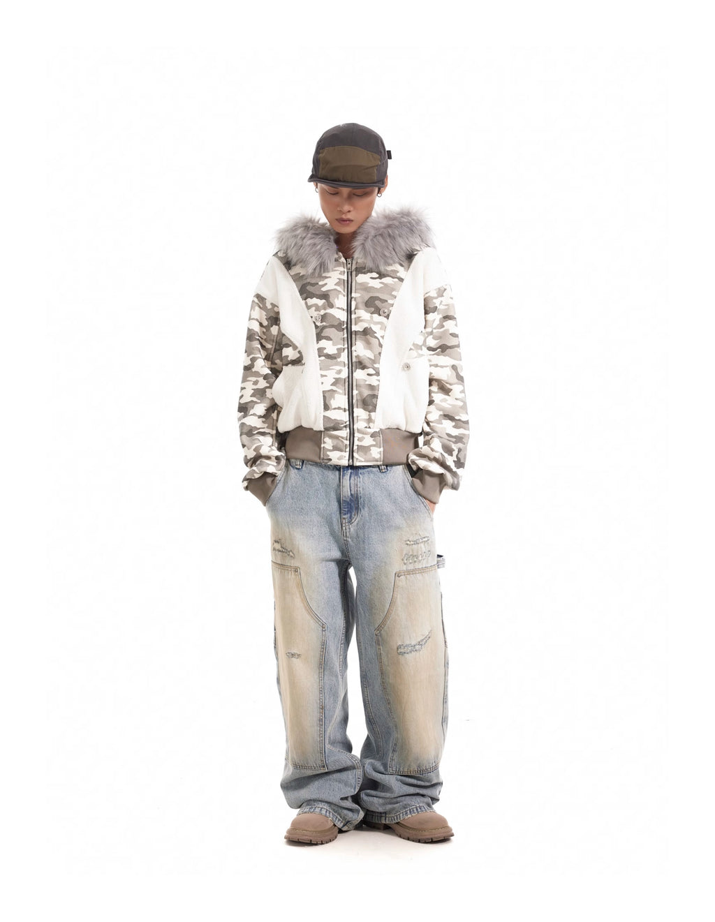 BTSG Stitching Camouflage Brushed fleece collar mountain carved padded jacket